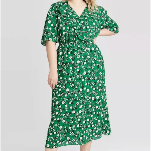Who What Wear Green Floral Academia Short Sleeve Wrap Front Midi Dress - Picture 1 of 11